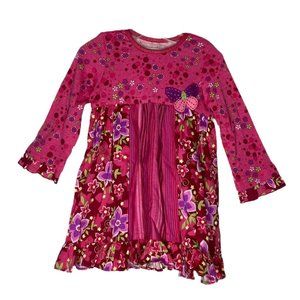 Baby Lulu Dress Girls 2T Pink Floral Stripe Butterfly‎ Ruffle Mixed Media Artsy